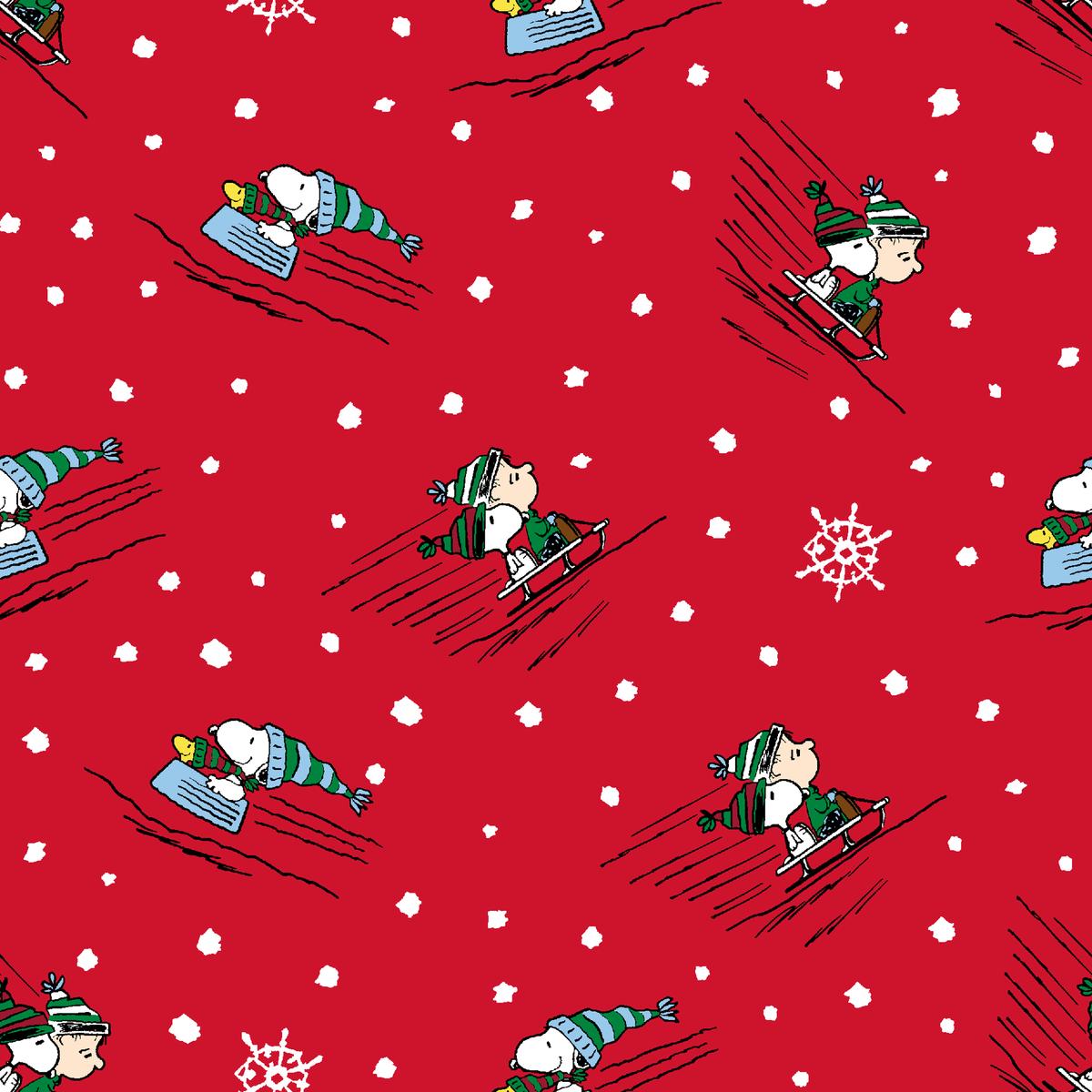 Peanuts Winter Skiing on Red Fabric