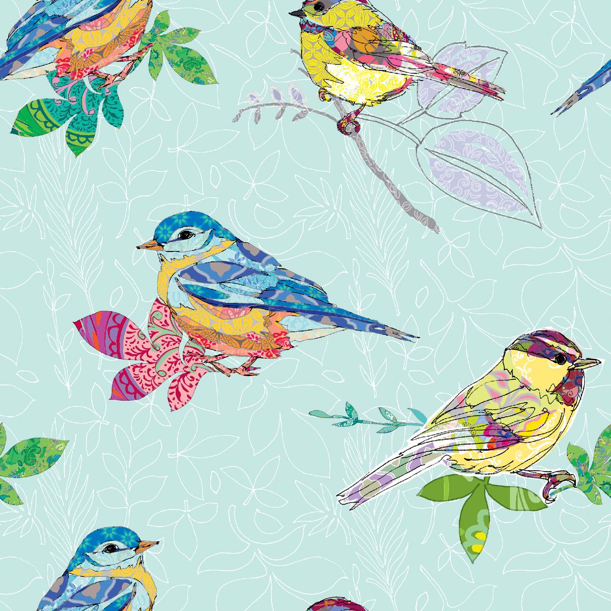 Tim Coffey – Songbird Collage – Mint Patchwork Birds Fabric