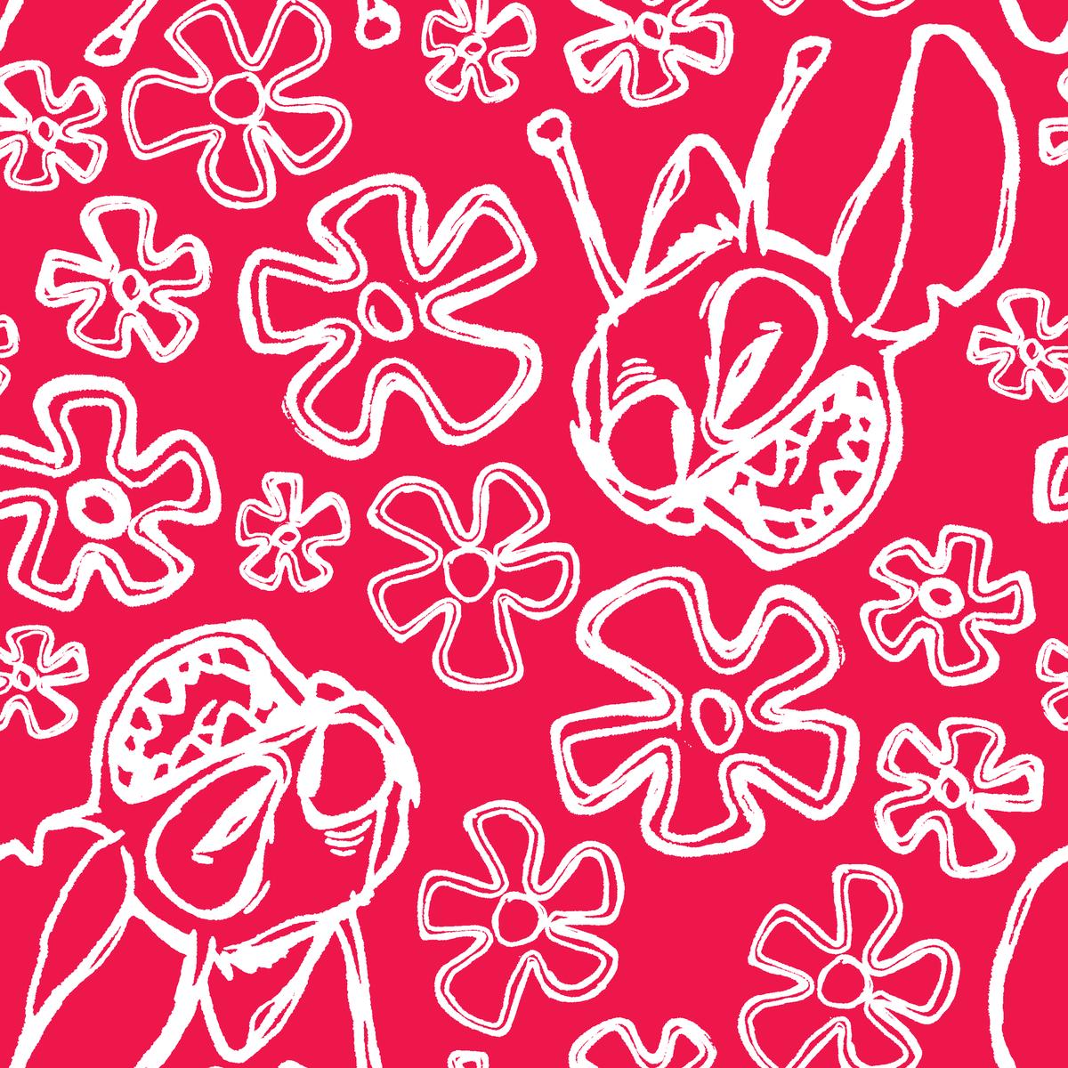 Disney Stitch Florals on Red Fabric