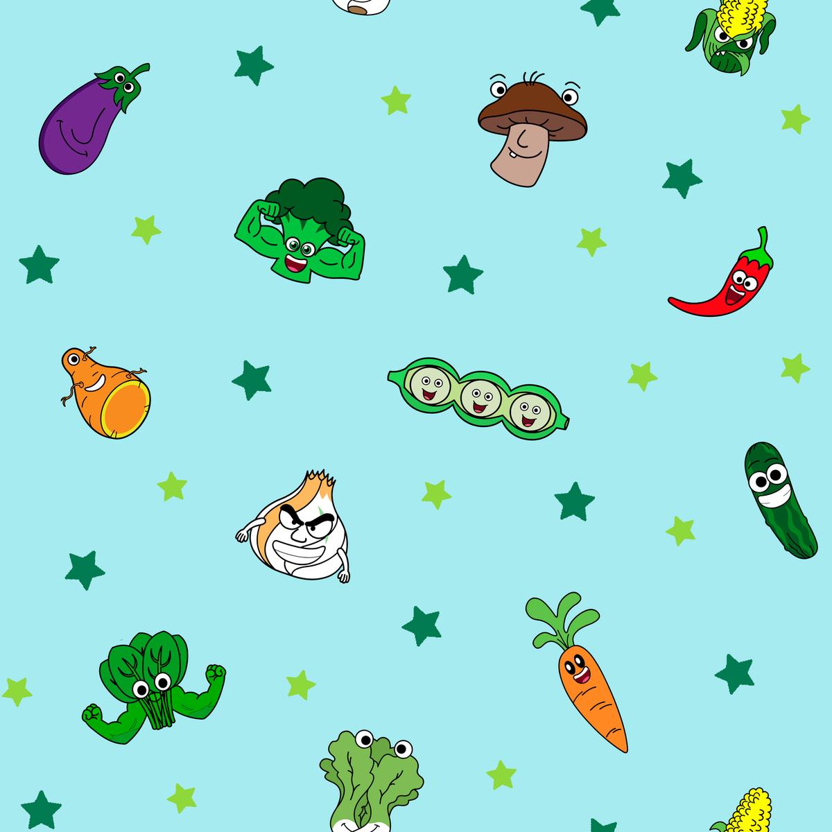 English Tree Happy Veggie Characters on Blue Fabric