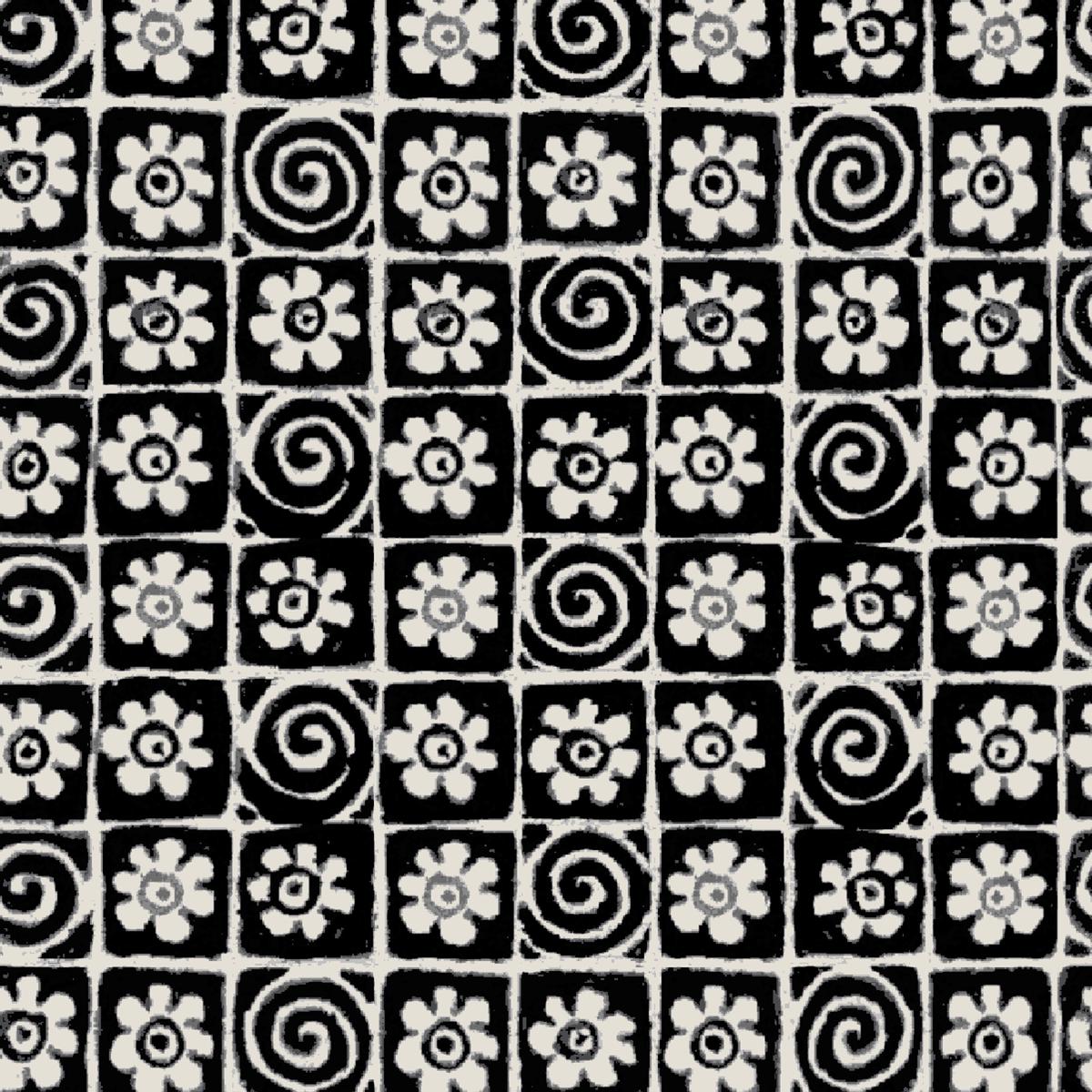 Floral Swirl Tiles on Black Fabric