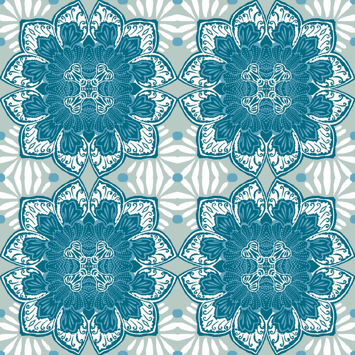 Retro Floral Tile on Blue & Gray Fabric