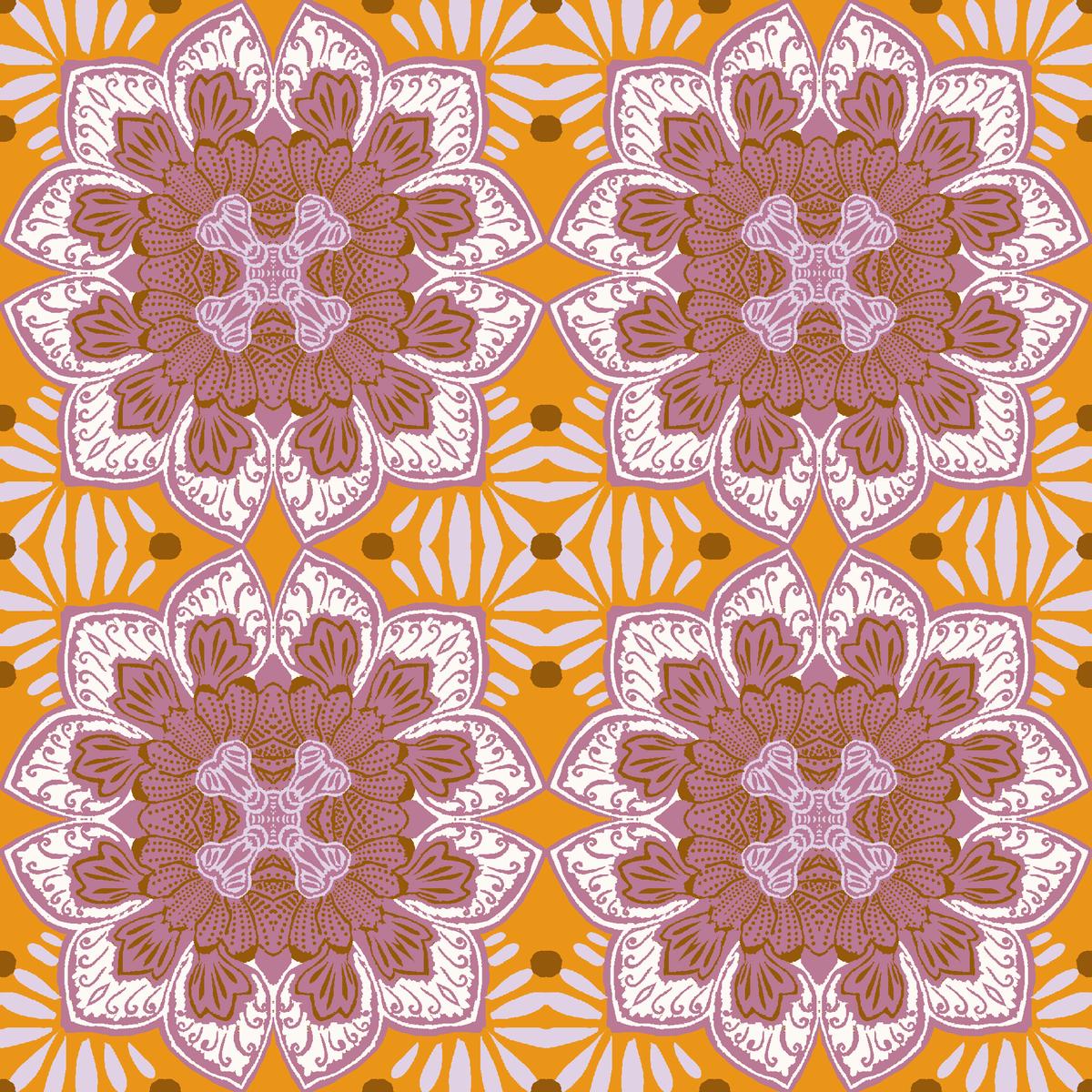 Retro Floral Tile on Brown & Purple Fabric