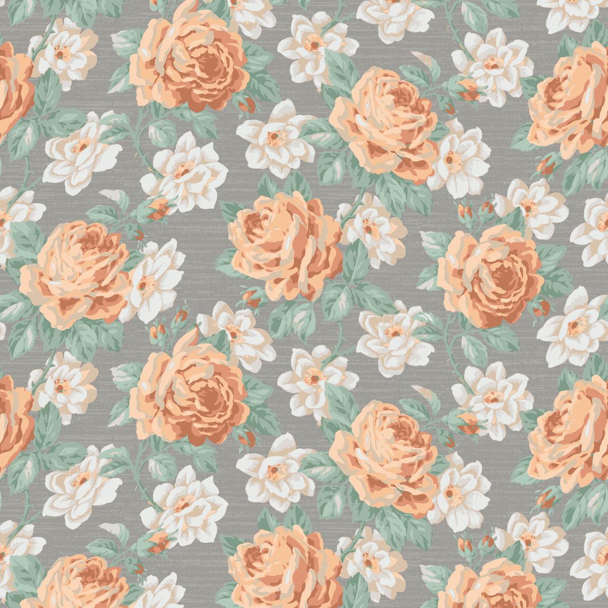 Vintage Peach Roses on Gray Floral Fabric