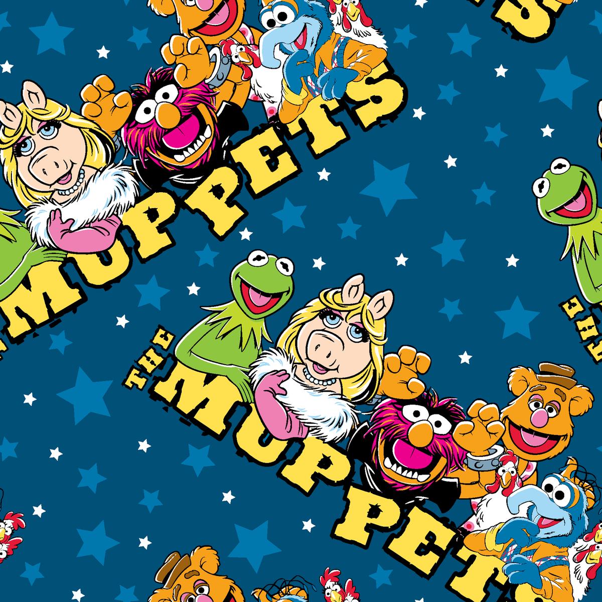 Disney Muppets Stars Pattern on Blue Fabric