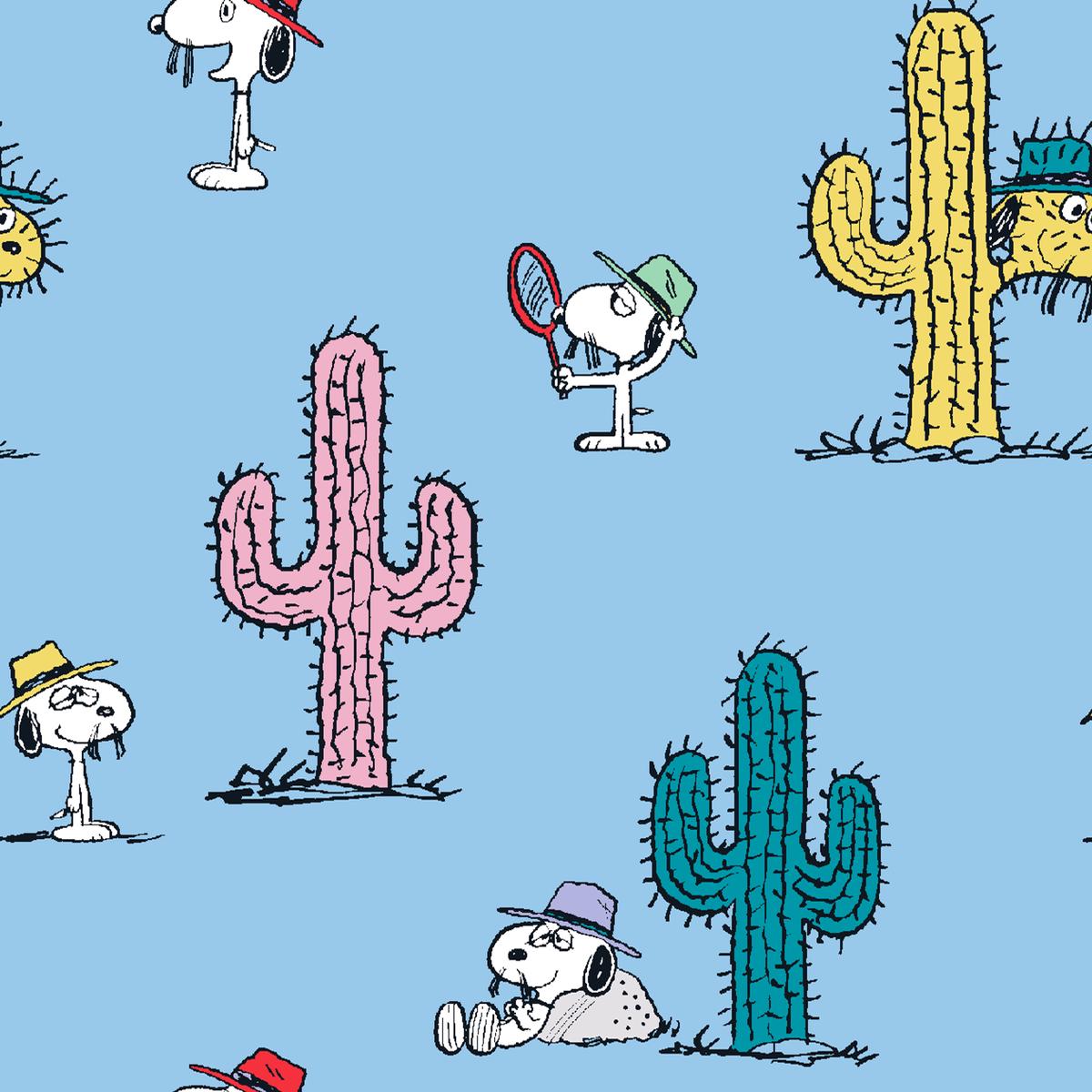 Peanuts Snoopy Cactus Desert on Blue Fabric