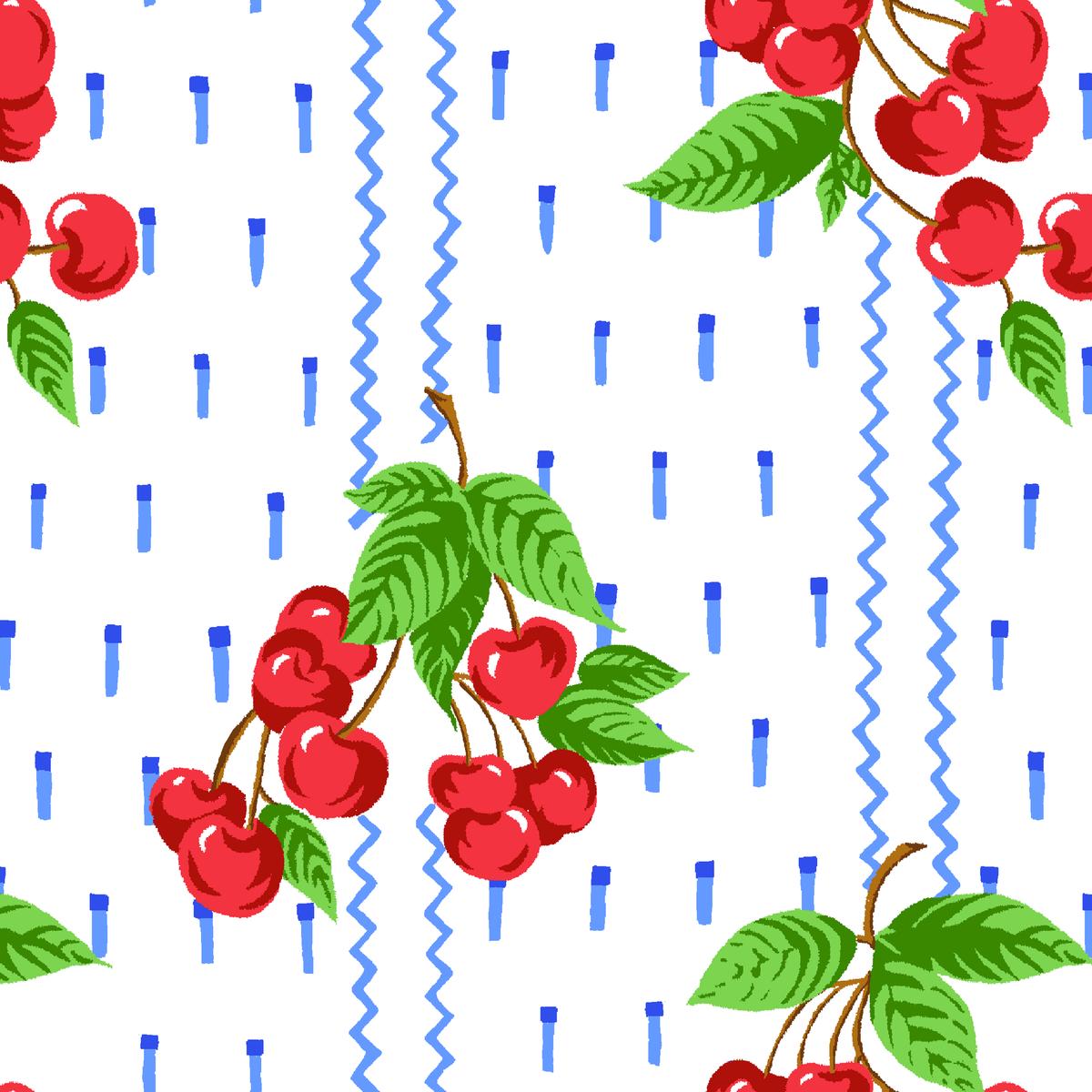 Retro Cherries on Blue Stripe Fabric