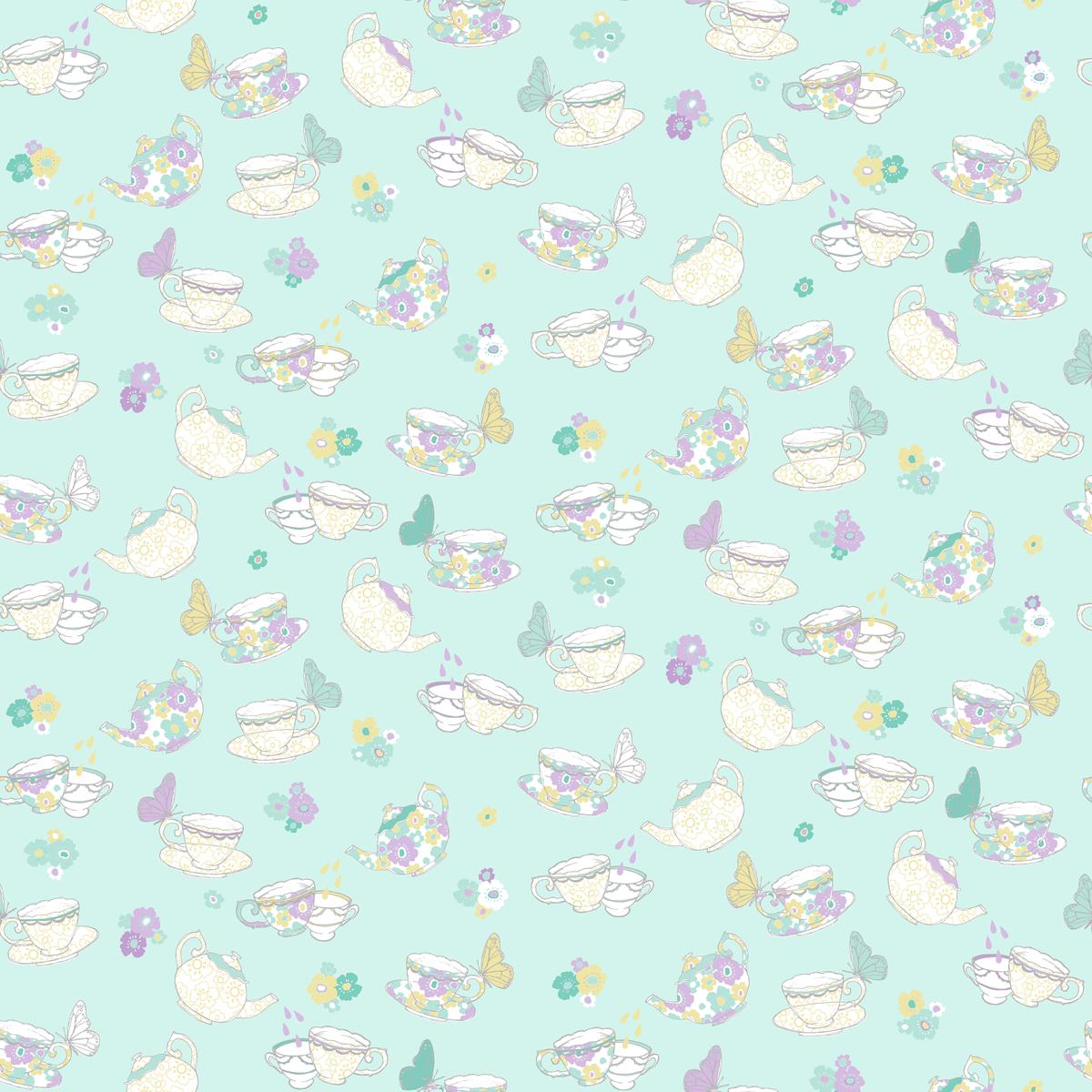Tea Party on Mint Fabric