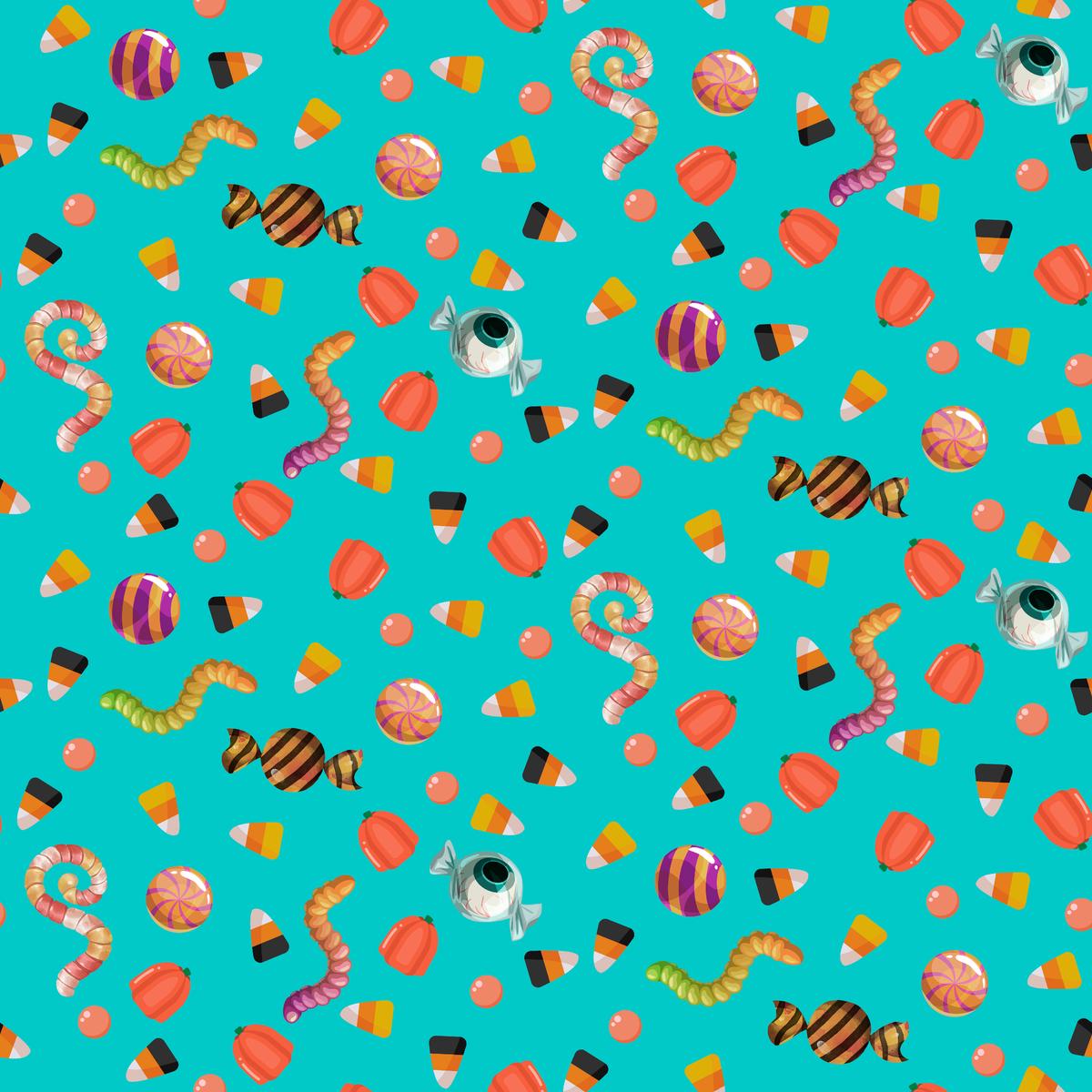 Kate Ward Thacker Halloween Candy on Teal Fabric