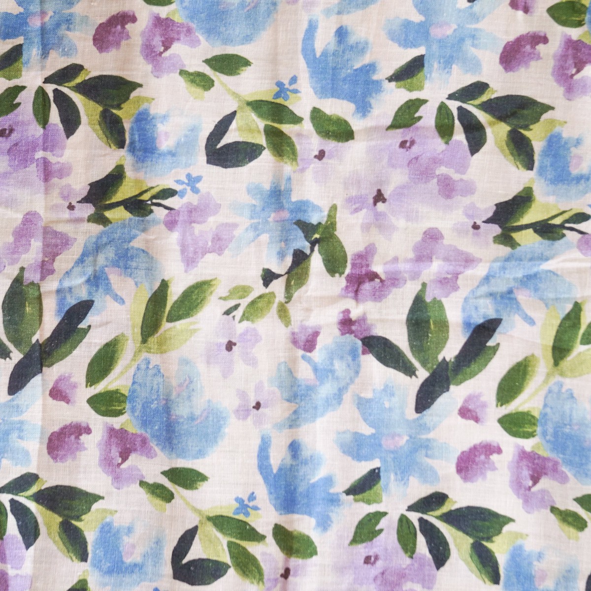 (Width 60 Inches) 100% Pure Premium Linen Blue And Purple Watercolor With Green Leaves Floral Design Fabric