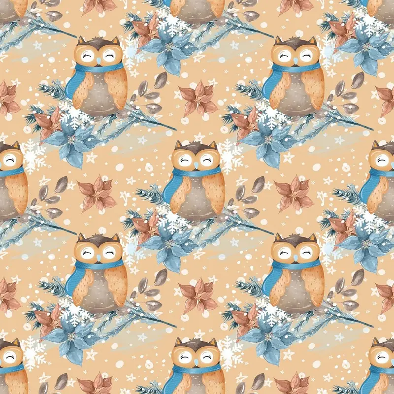 Winter Owl on Branch Fabric - Brown