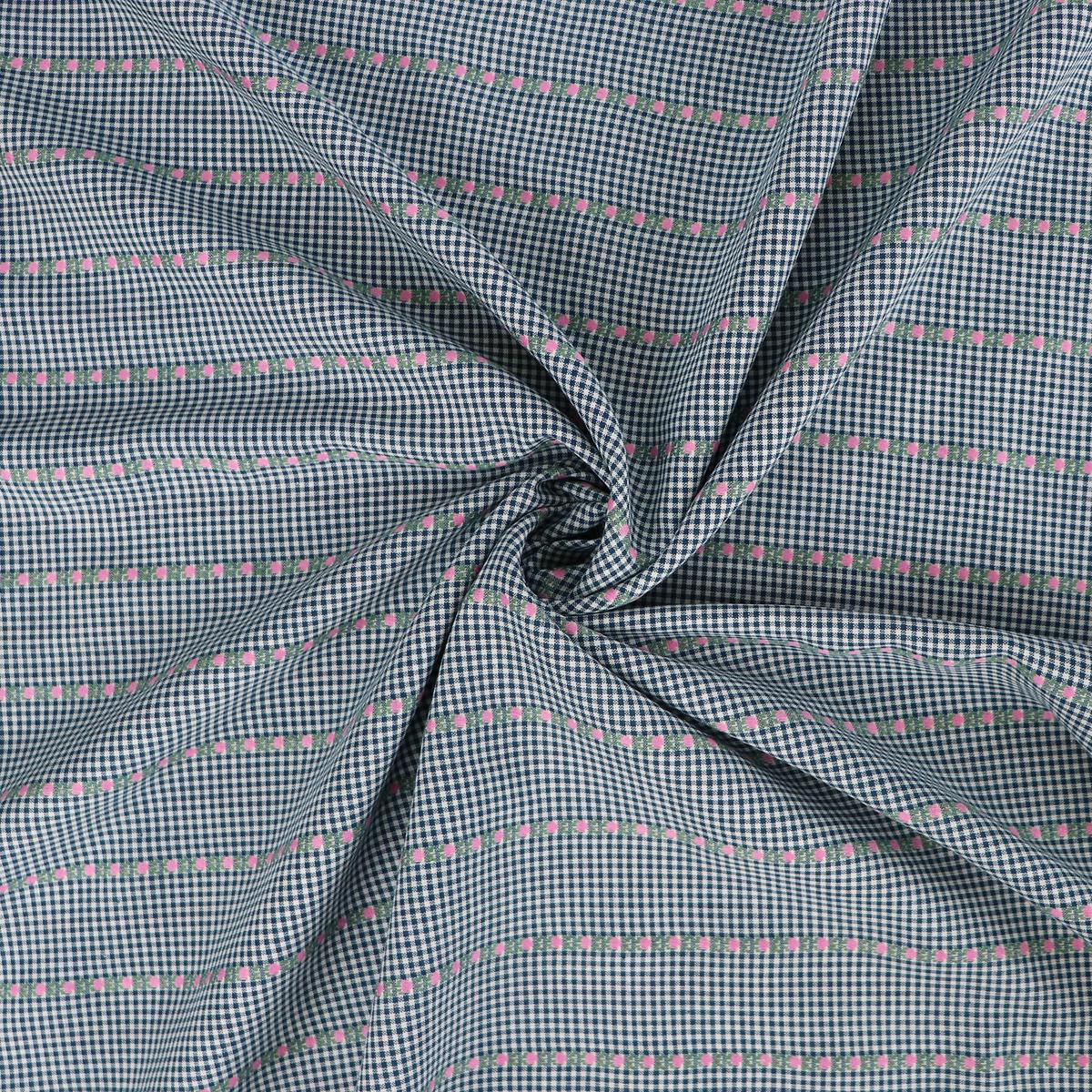 Yarn Dyed Cotton - Blue Gingham With Pink Flower Ribbon