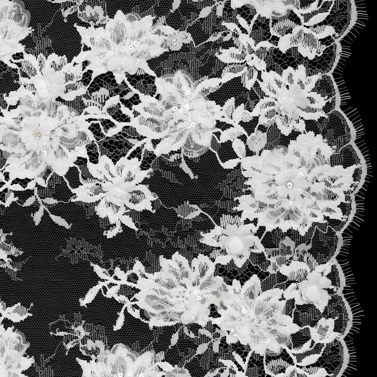 3D Fabric Flowers Embroidered Lace with Sequins and Finished Edges - Off White Floral