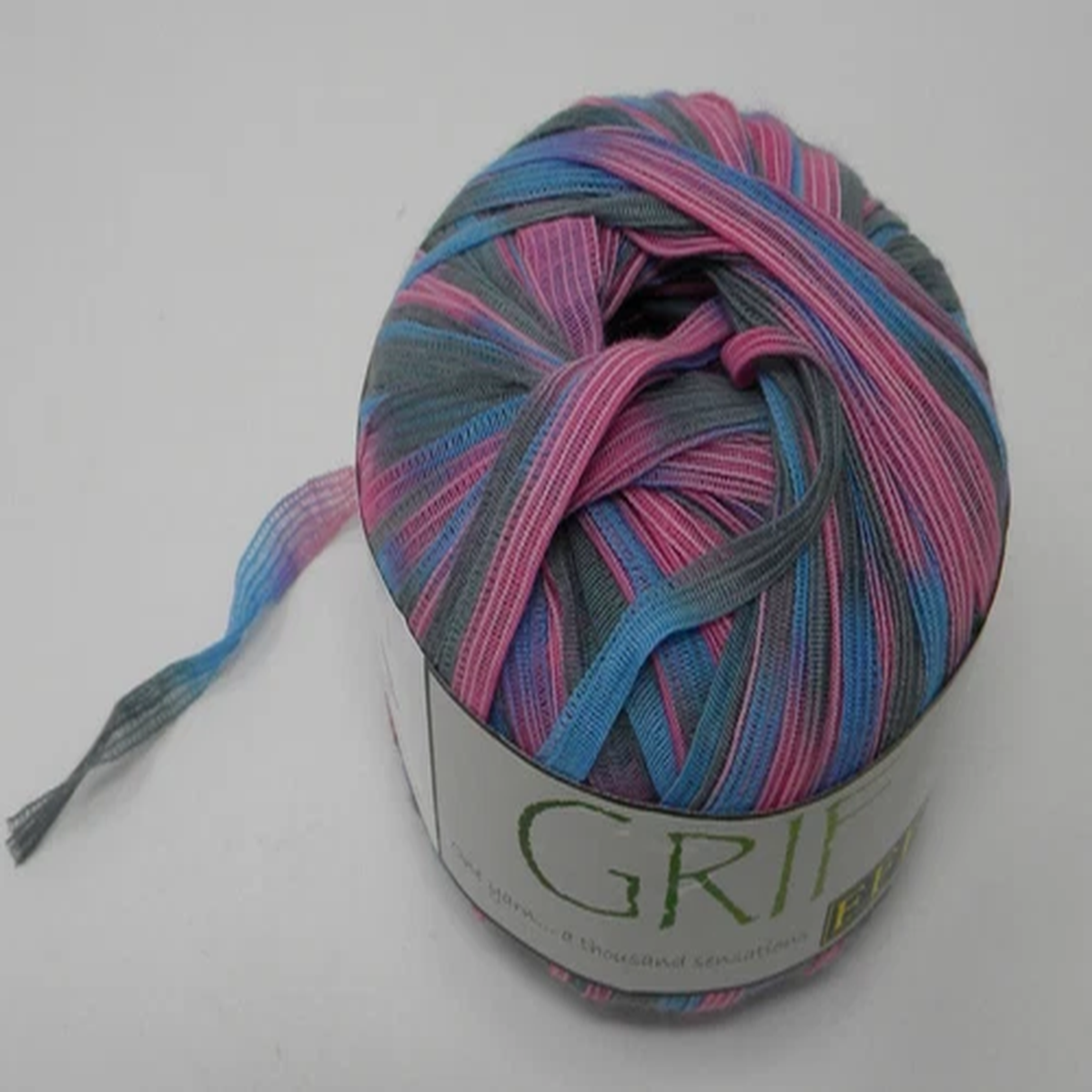 1 Skeins FFF Filati GRIF Ribbon Yarn BLue Pink Grey 1/4in wide #316