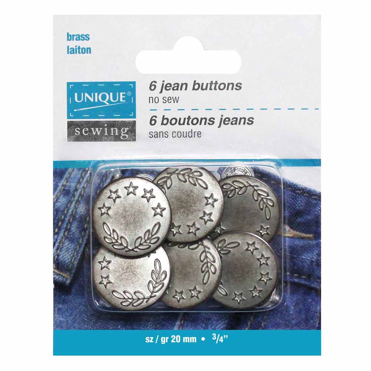 UNIQUE SEWING Jean Buttons No Sewing - Antique Silver 5 Stars - 6pcs. - 20mm (")
