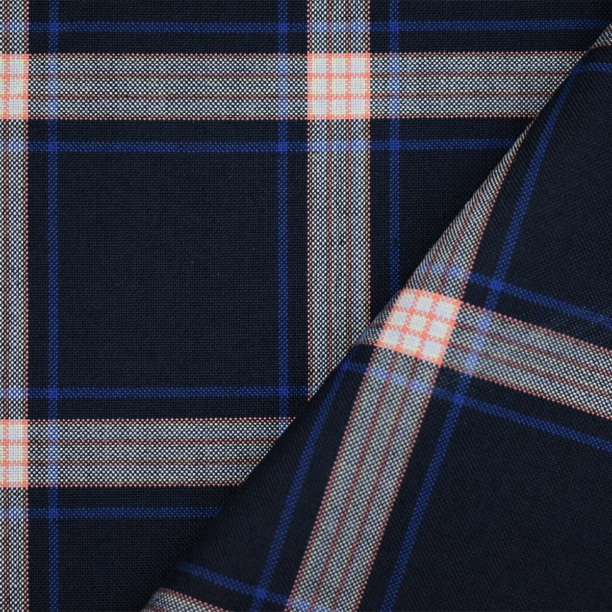 Deep Navy-Orange-Multi Polyester Wool Plaid Shirting Woven Fabric
