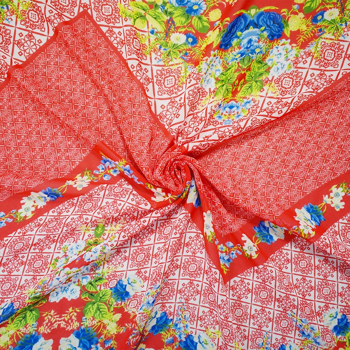 Orange-Blue-Multi Poly Floral Border Printed Chiffon Woven Fabric