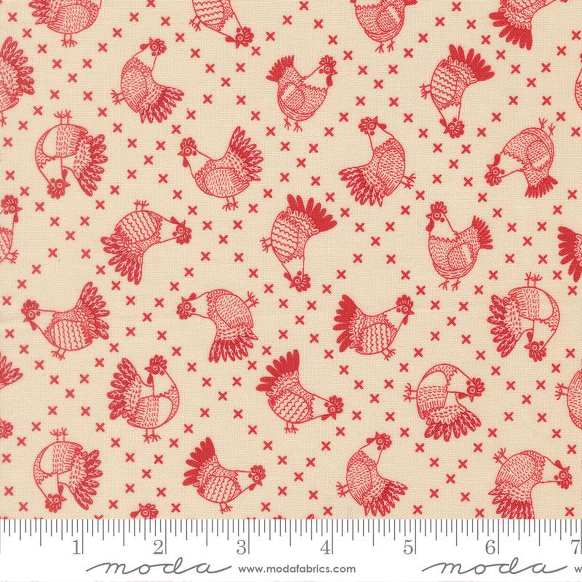 The Henhouse Cross Stitch Chickens Cloud Barn Multi Gingiber Moda Cotton Fabric MD-48434-11