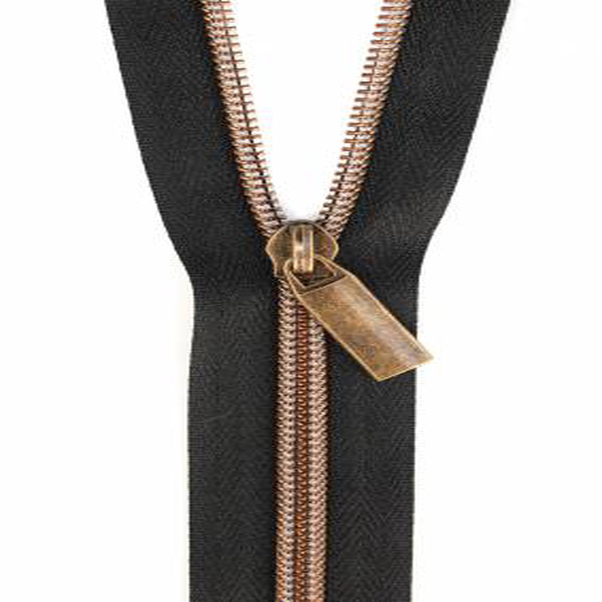 Zips By the Yard Black Tape & Antique Brass-Look Nylon Teeth
