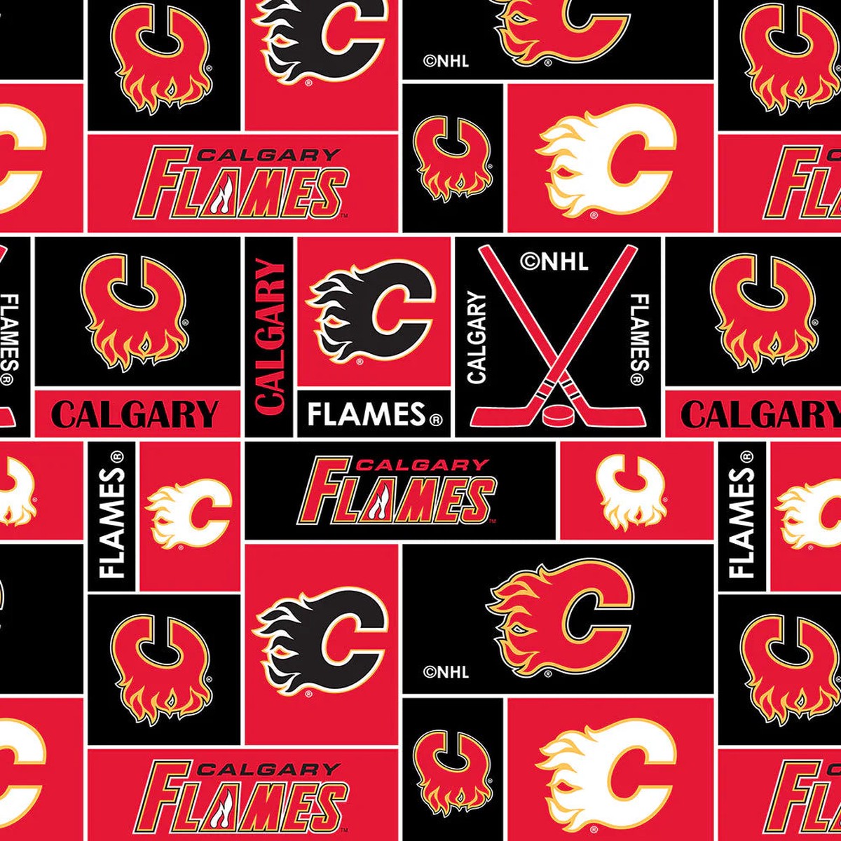 Calgary Flames NHL Hockey Geometric Sykel Enterprises Polyester FLEECE Fabric NHL-012-FLA