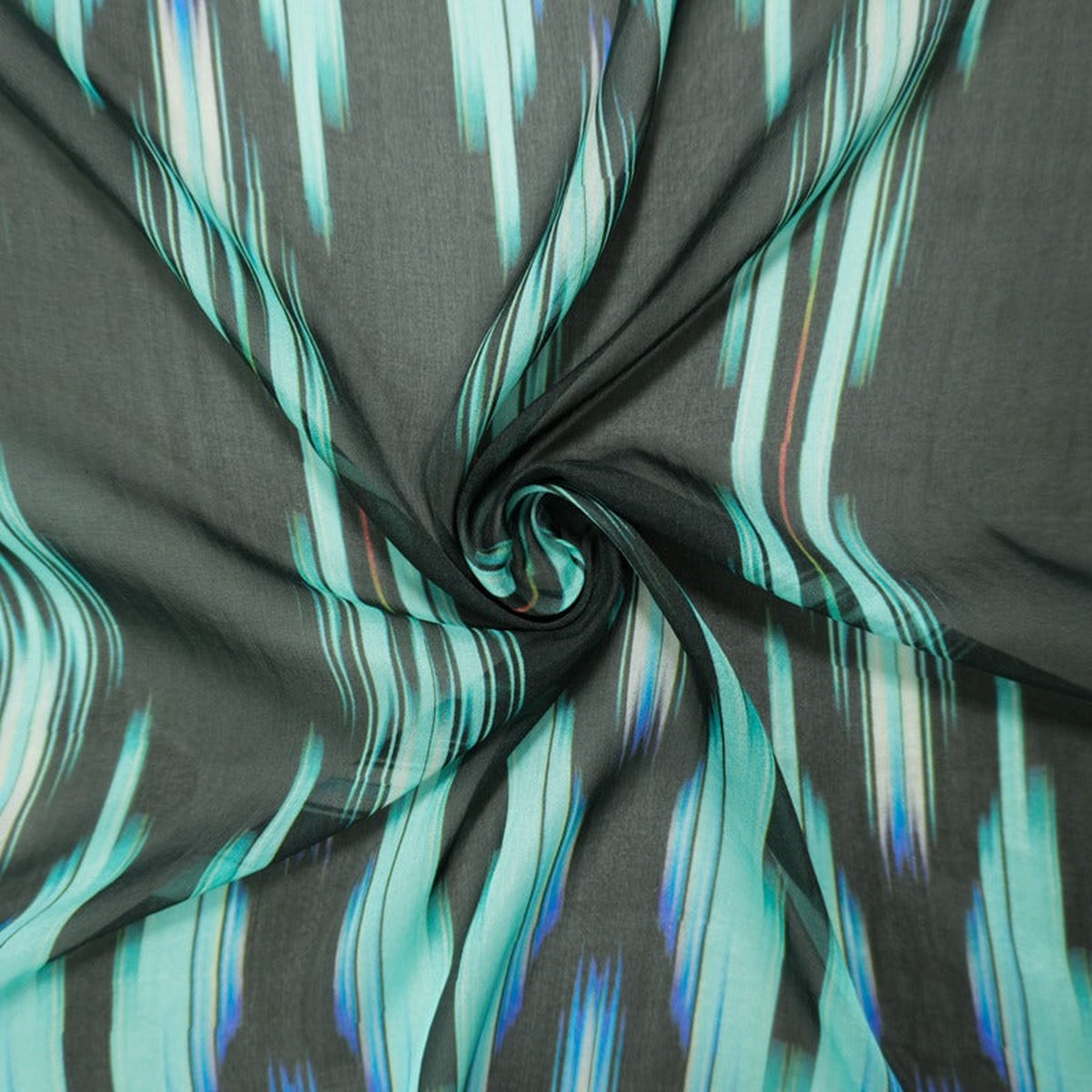Teal Silk Abtract Ikat Printed Chiffon Woven Fabric