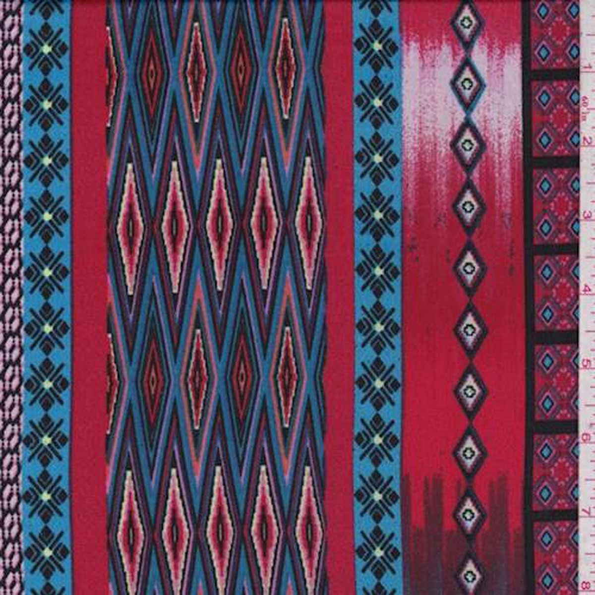 1 1/2 YD PC-Red/Teal Geo Stripe Crepe De Chine Fabric