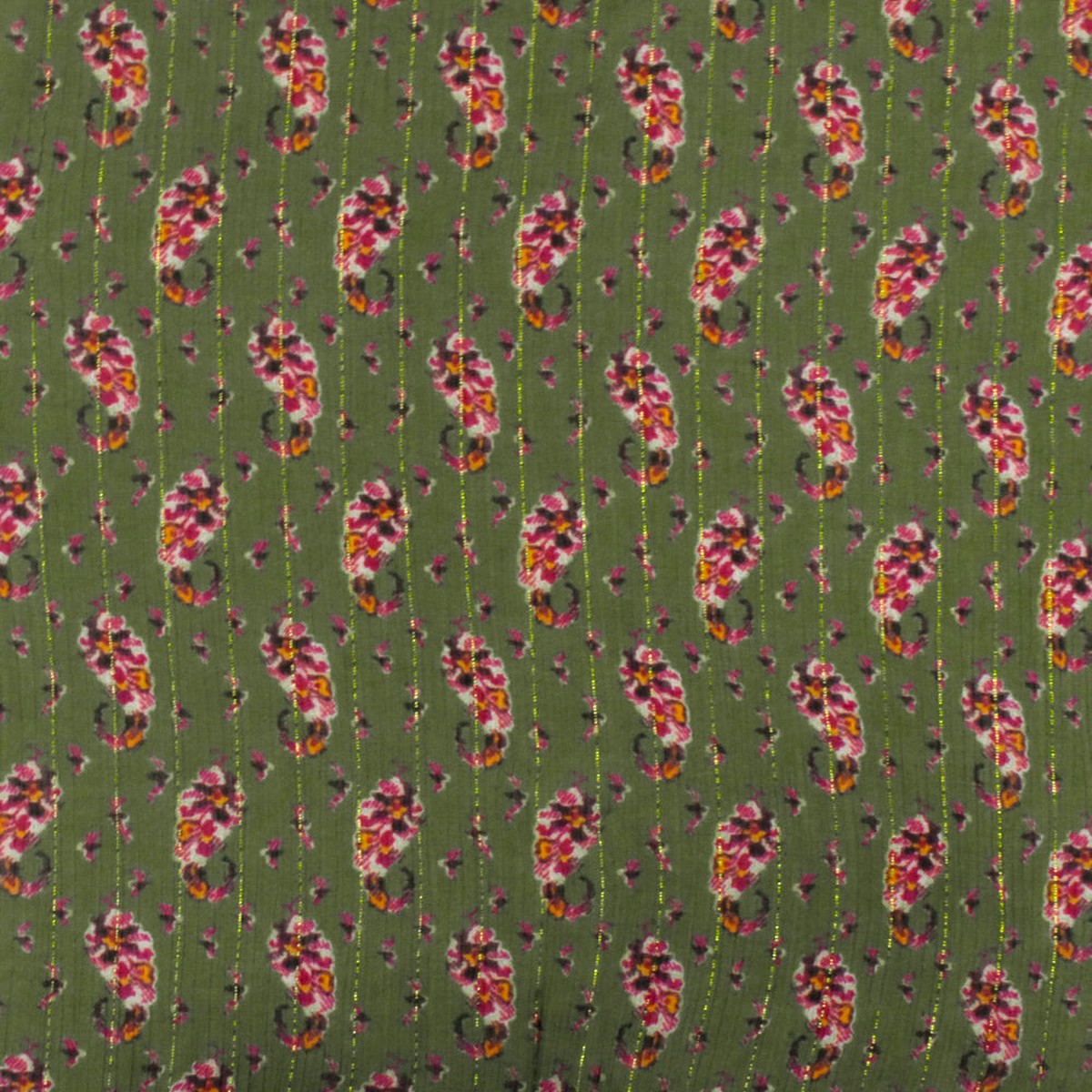 1 1/2 YD PC-Olive-Multi Famous Designer Floral Printed Metallic Stripe Chiffon Fabric