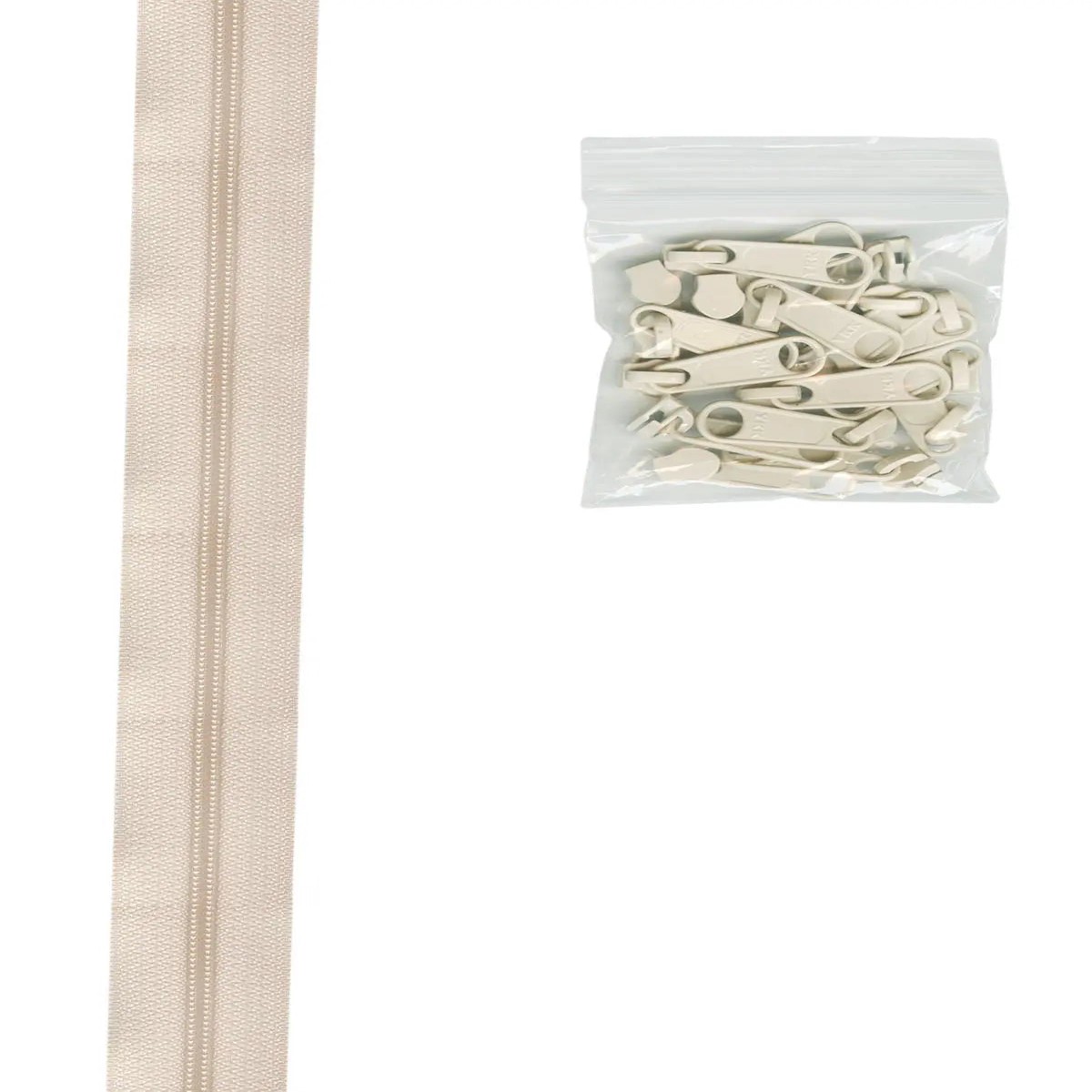4 yards of 16mm #4.5 zipper chain and 16 Extra-Large Coordinated Pulls Ivory