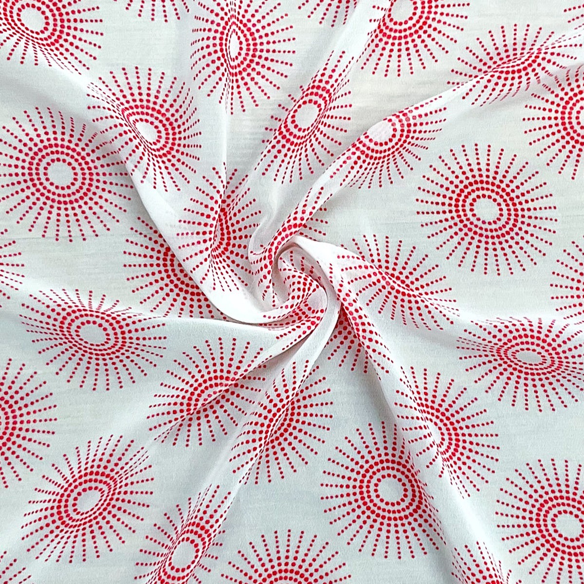 1 1/2 YD PC-White-Red Poly Abstract Printed Chiffon Woven Fabric