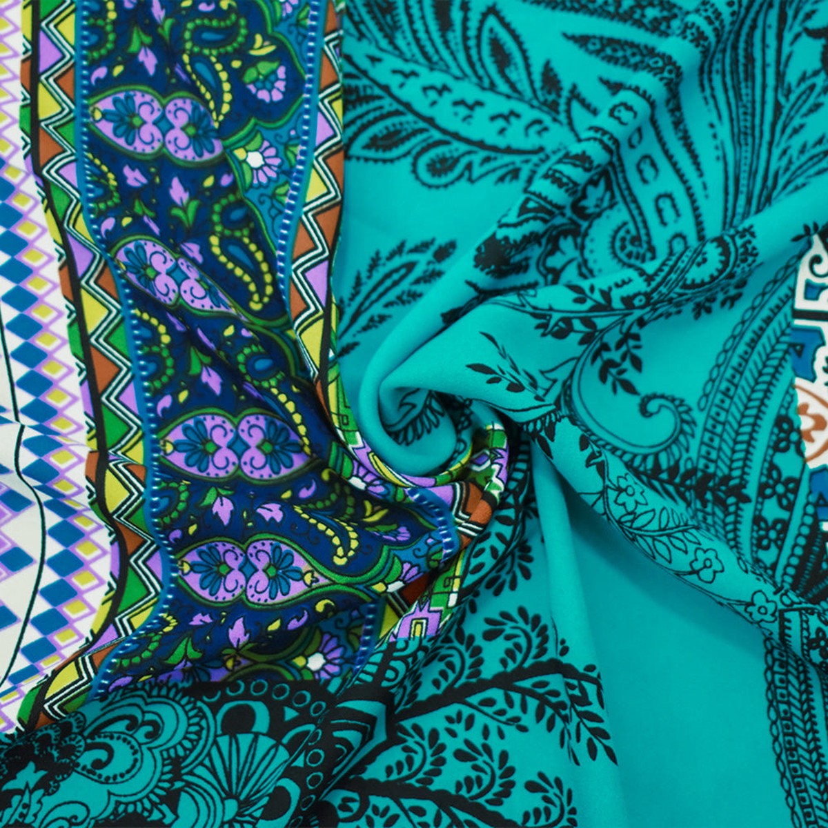 1 YD PC-Turquoise-Multi Poly Abstract Multi Pattern Printed Crepe Georgette Fabric