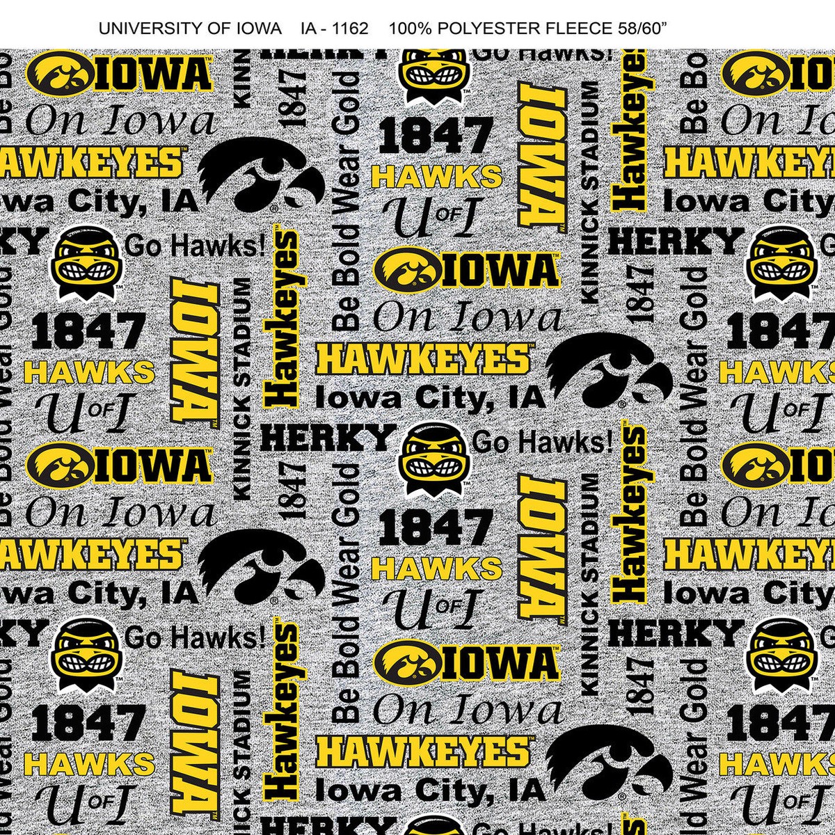 Iowa Hawkeyes NCAA College Heather Verbiage Sykel Enterprises Polyester Fleece Fabric IA-1162
