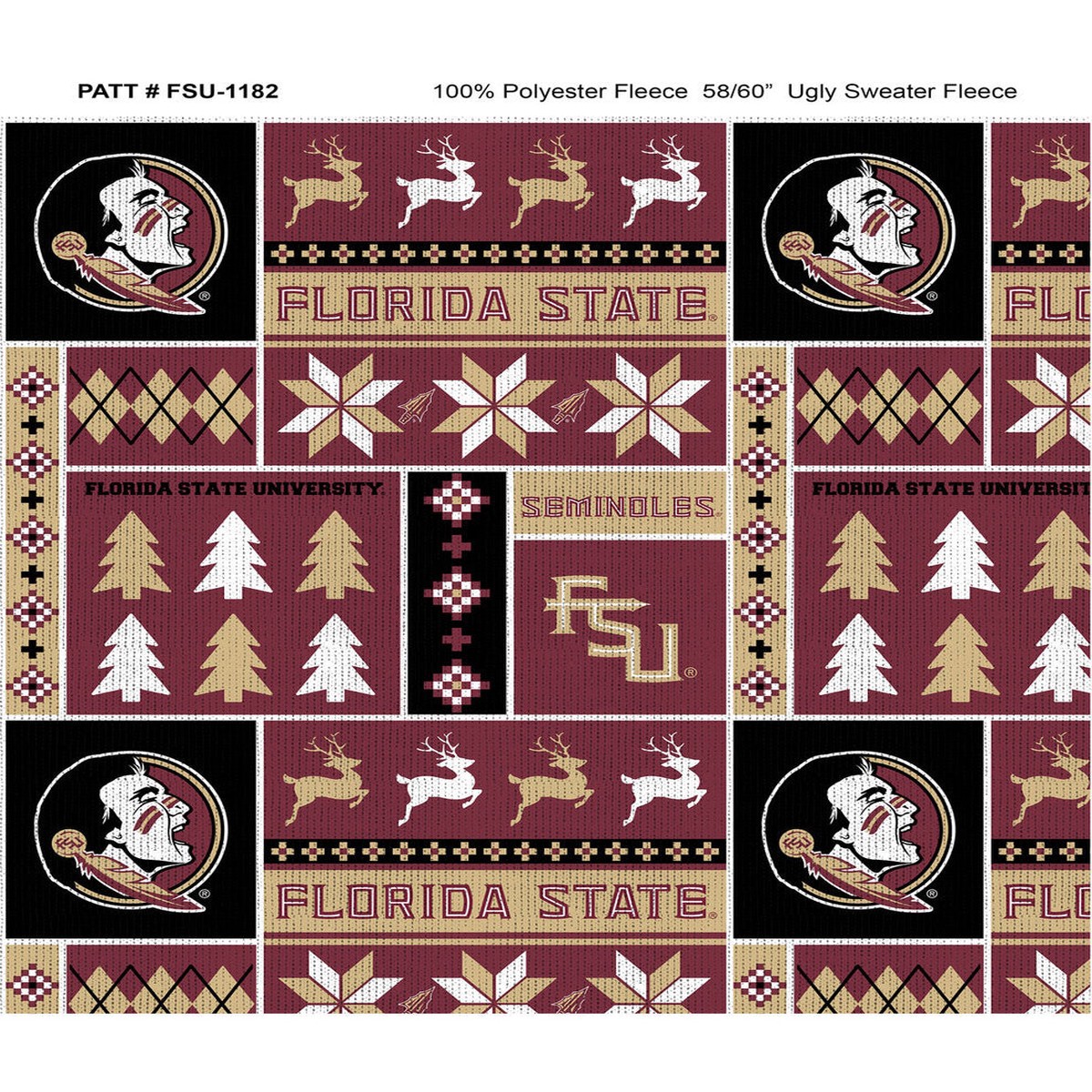 Florida State Seminoles NCAA College Holiday Sweater Sykel Enterprises Polyester Fleece Fabric FSU-1182