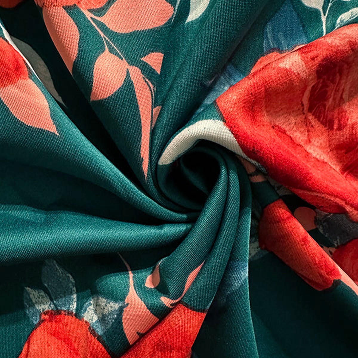 Teal Floral Rose Print Techno Scuba Knit Fabric