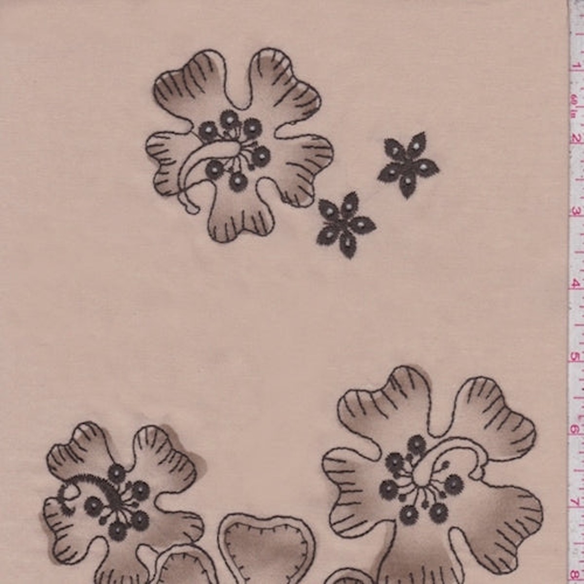 1 3/4 YD PC-Beige/Mocha Embroidered Hibiscus Lawn Fabric