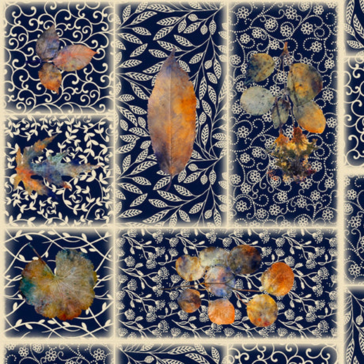A Flutter of Leaves Leaf Patch Navy Blue Suzan Engler Quilting Treasures Cotton Fabric