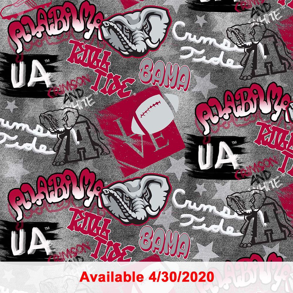 Alabama Crimson Tide NCAA Bama Graffiti Gray Design Cotton Fabric AL-1235