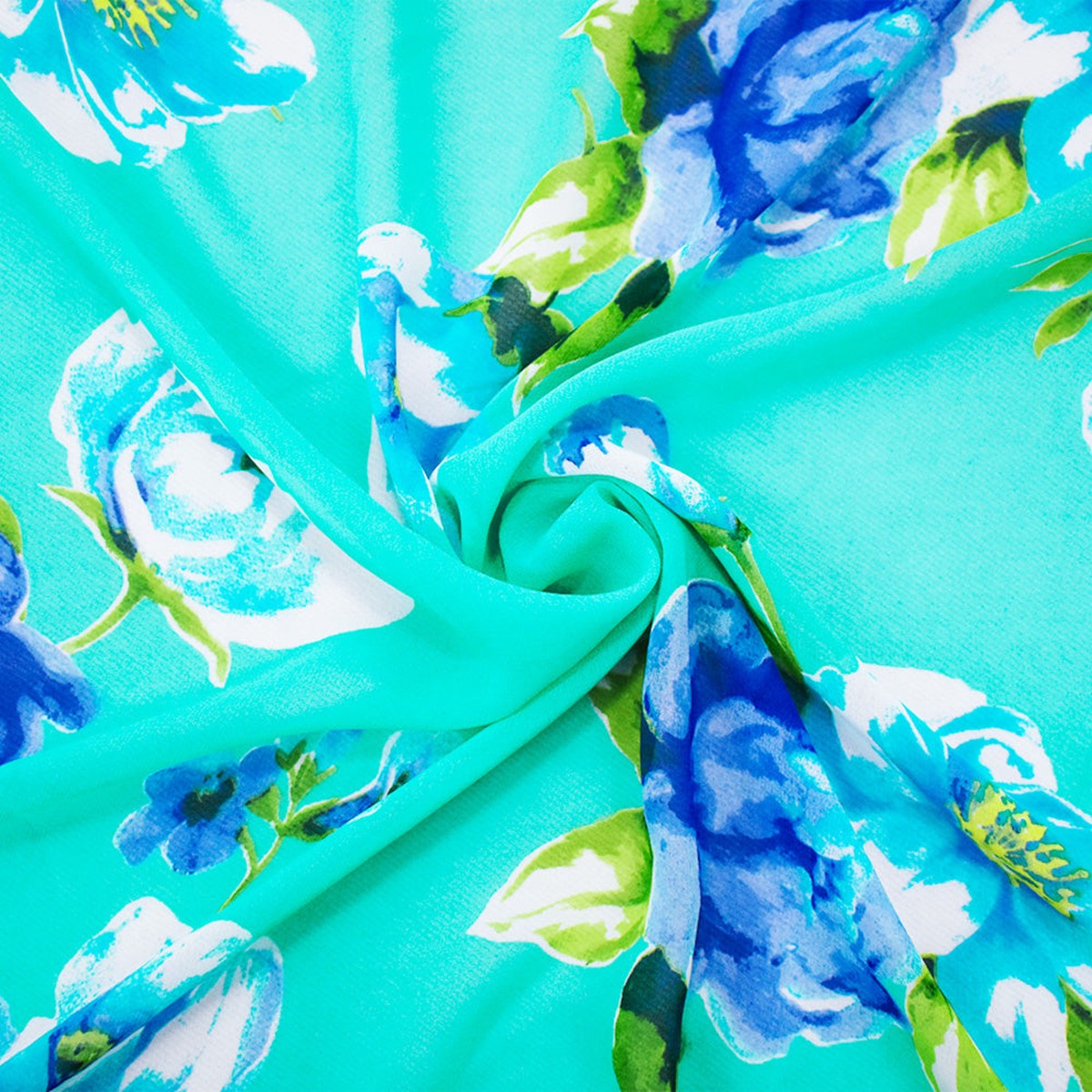 Teal-Blue-Multi Polyester Floral Printed Chiffon Woven Fabric