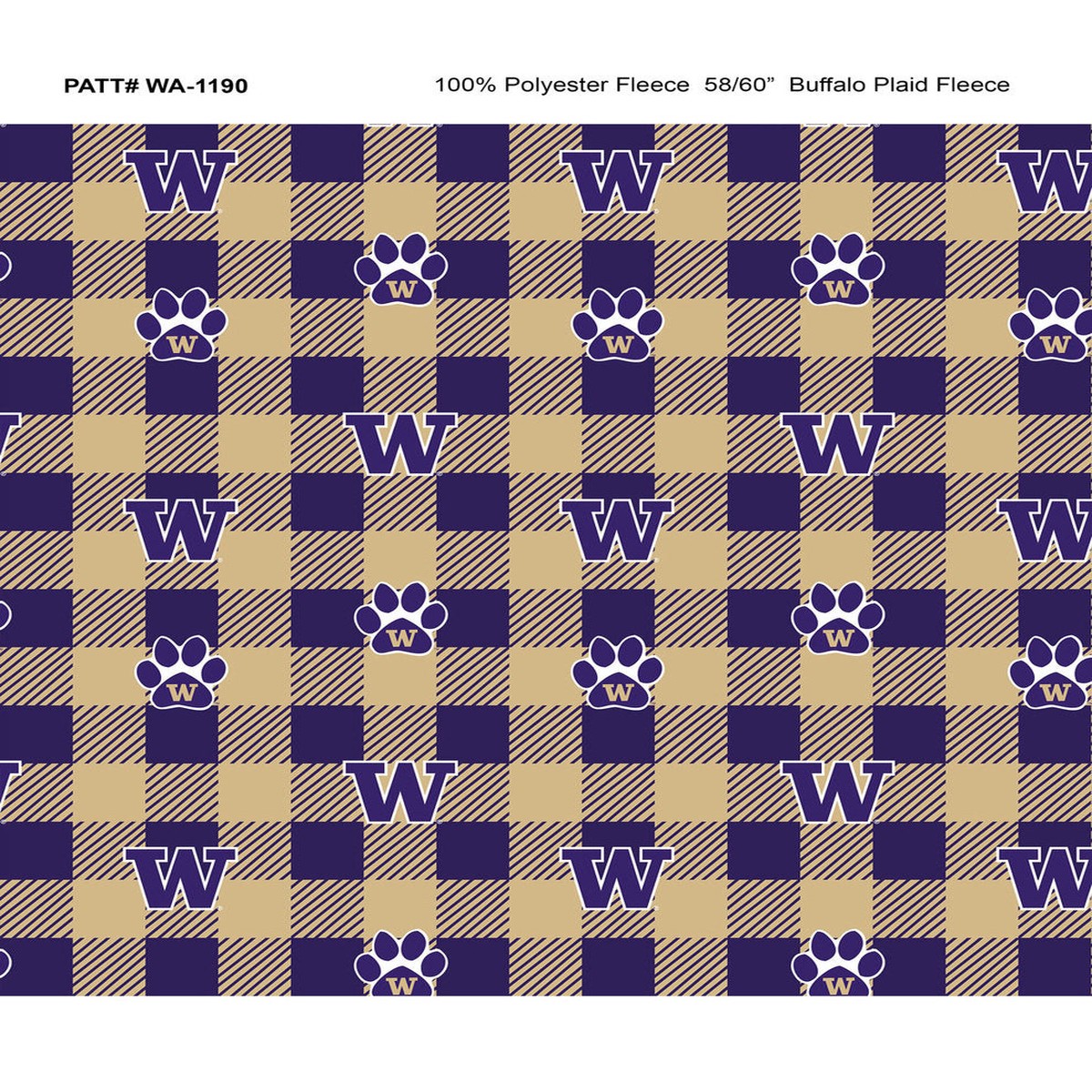 Washington Huskies NCAA College Buffalo Plaid Sykel Enterprises Polyester Fleece Fabric WA-1190