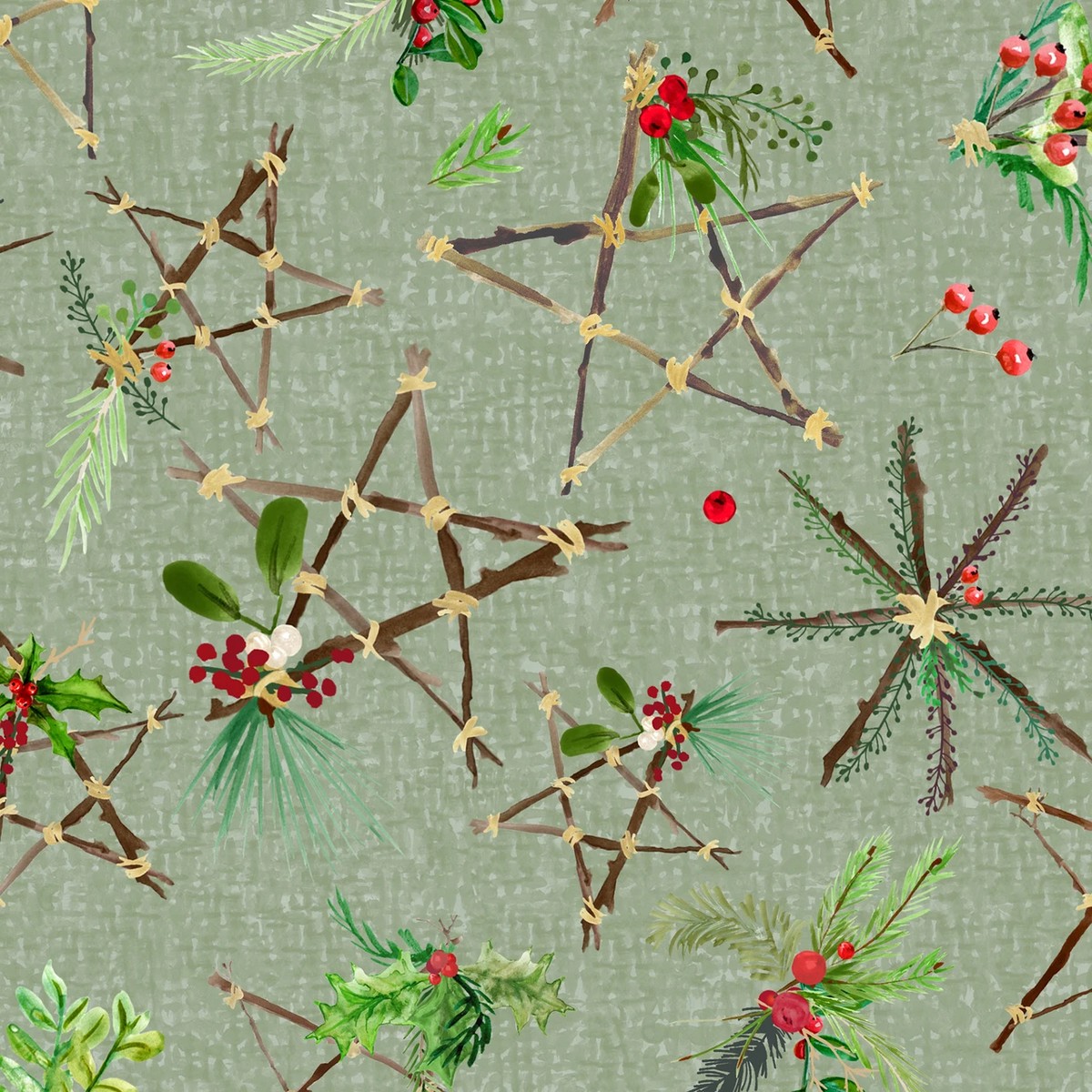 Winter Wreaths Stars Green Maywood Studio Cotton Fabric MS-MAS10882-G