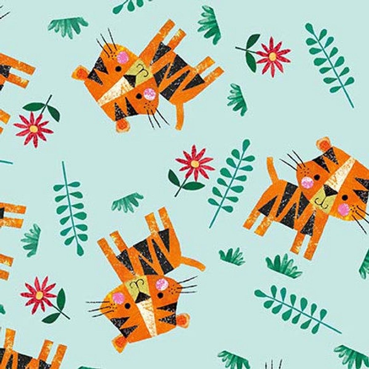 Zoo Crew Tossed Tigers Soft Blue Lindsey Sagar Blank Quilting Cotton Fabric